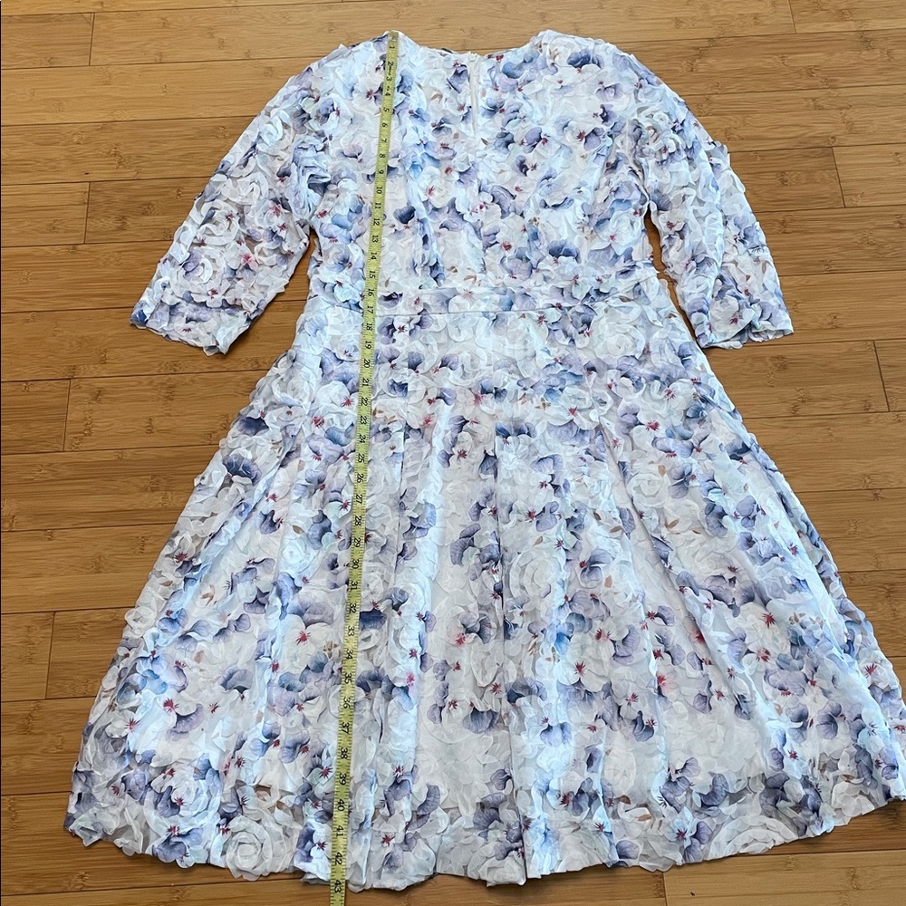 Nora Noh Indigo Pansy Dress Women’s Size 12 Floral 3D Midi 3/4 Sleeve Split Neck - Picture 14 of 16